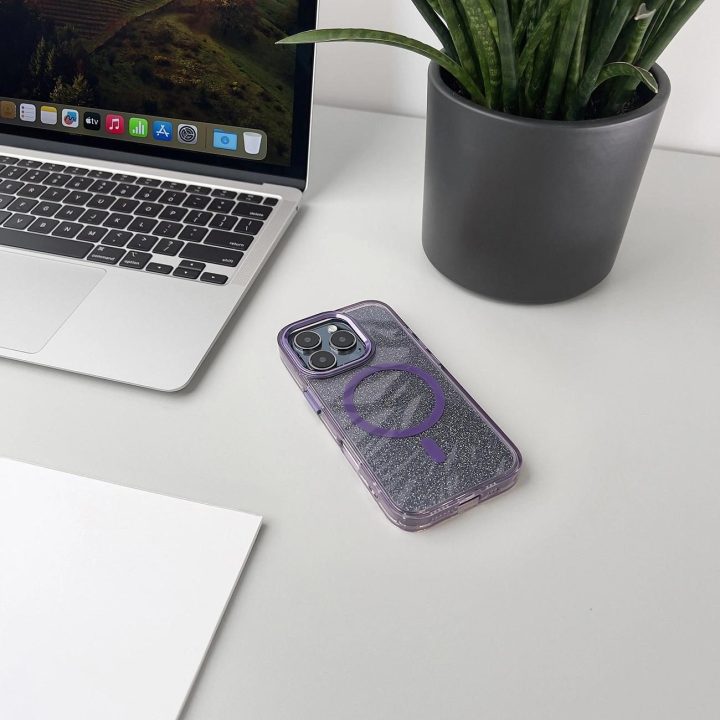 Dėklas su blizgučiais ir MagSafe Samsung Galaxy S25 – violetinis
