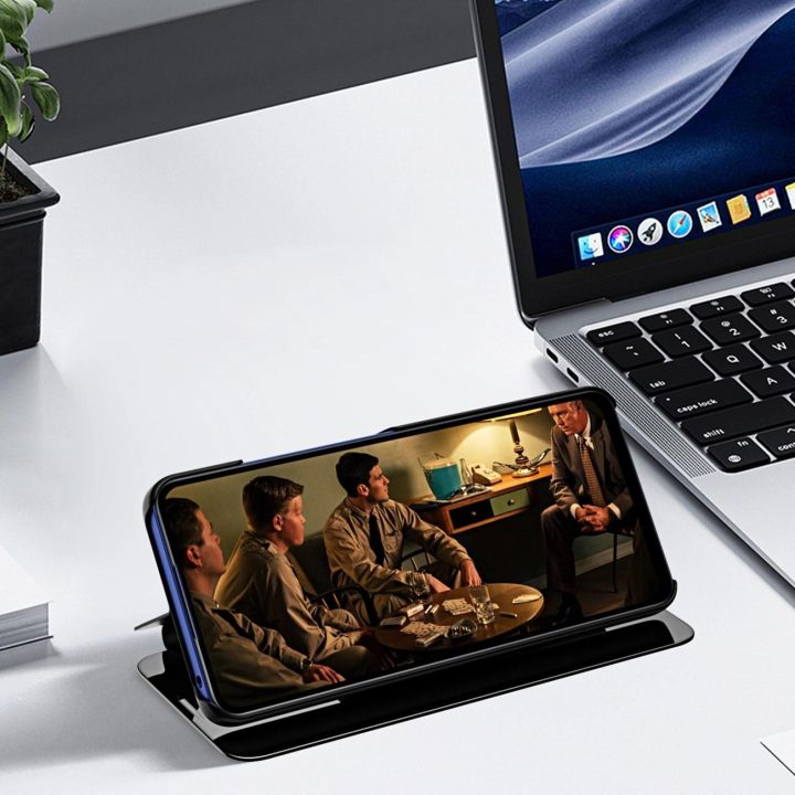 iPhone 16e mėlynas atverčiamas dėklas su permatomu dangteliu