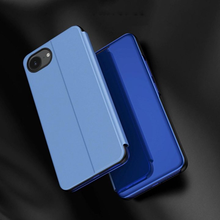 iPhone 16e mėlynas atverčiamas dėklas su permatomu dangteliu