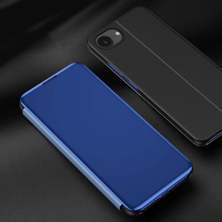 iPhone 16e mėlynas atverčiamas dėklas su permatomu dangteliu