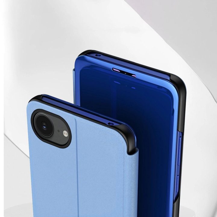 iPhone 16e mėlynas atverčiamas dėklas su permatomu dangteliu
