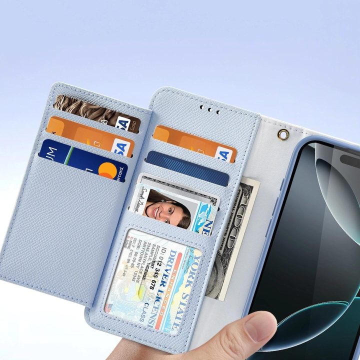Telefono dėklas iPhone 16 Pro su nuimama magnetine pinigine – mėlynas