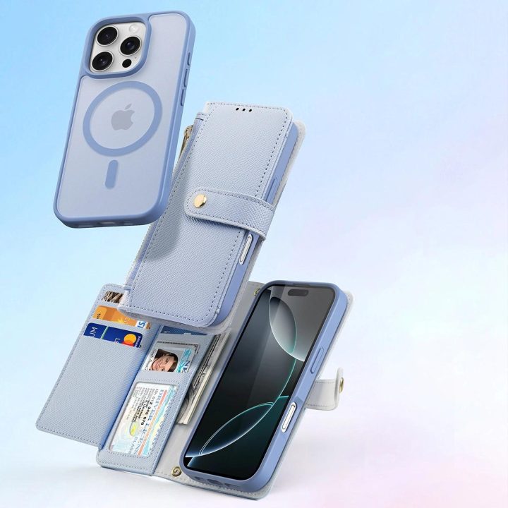 Telefono dėklas iPhone 16 Pro su nuimama magnetine pinigine – mėlynas