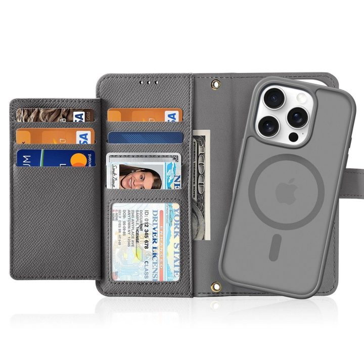 Odinis pilkas dėklas su nuimama magnetine pinigine iPhone 16 Pro Max
