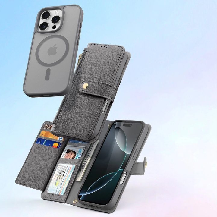 Telefonas dėklas iPhone 16 Pro, pilkas, su nuimama magnetine pinigine