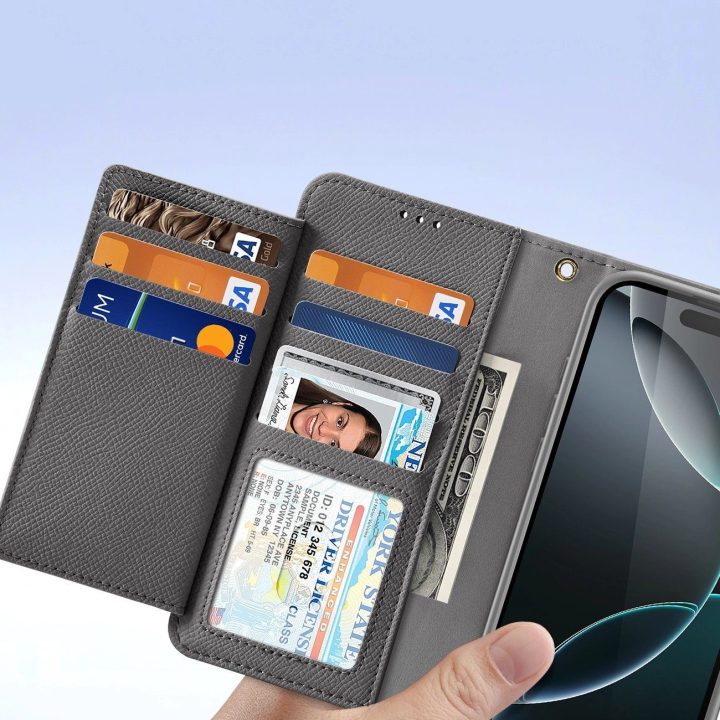 Telefonas dėklas iPhone 16 Pro, pilkas, su nuimama magnetine pinigine