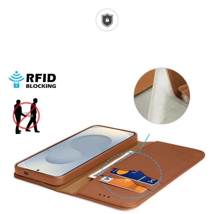 Dėklas su atvartu ir RFID apsauga Samsung Galaxy S25 Edge, rudas