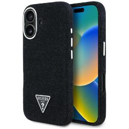 Juodas džinsinis iPhone 16 dėklas su Guess logotipu
