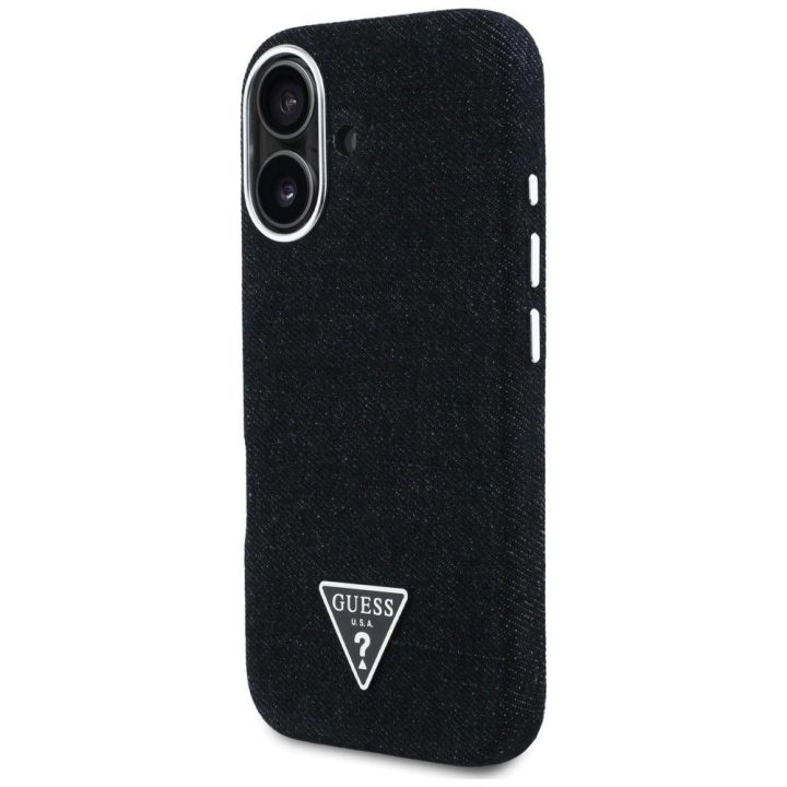 Juodas džinsinis iPhone 16 dėklas su Guess logotipu
