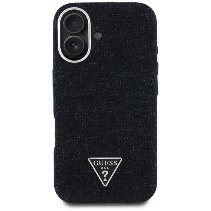 Juodas džinsinis iPhone 16 dėklas su Guess logotipu