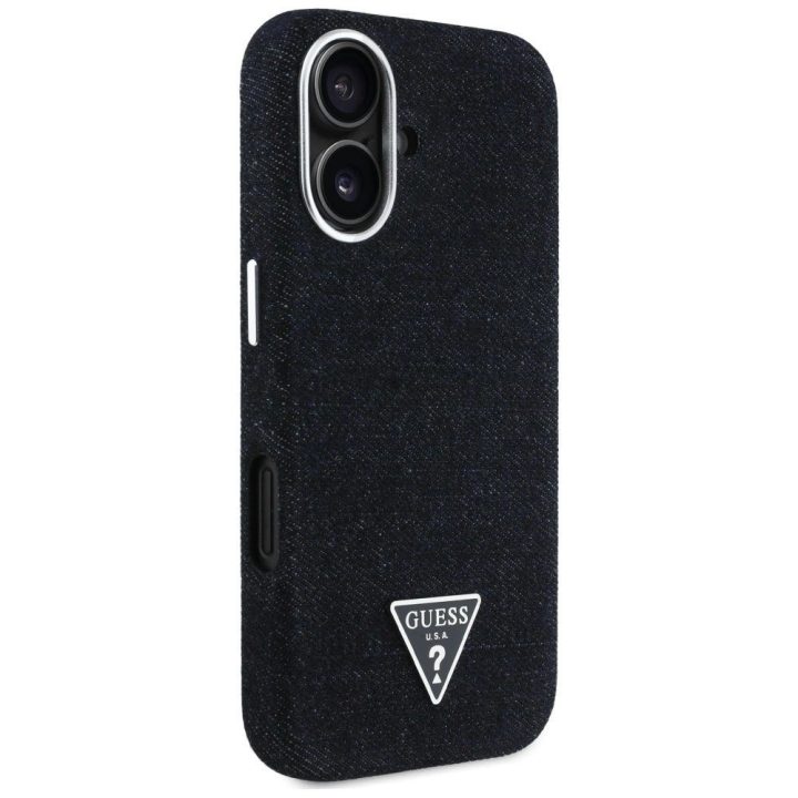 Juodas džinsinis iPhone 16 dėklas su Guess logotipu
