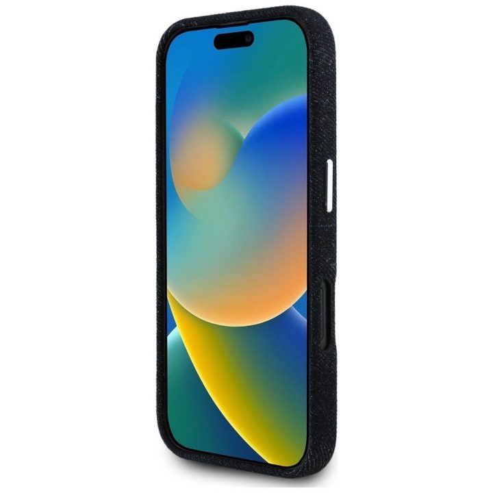 Juodas džinsinis iPhone 16 dėklas su Guess logotipu