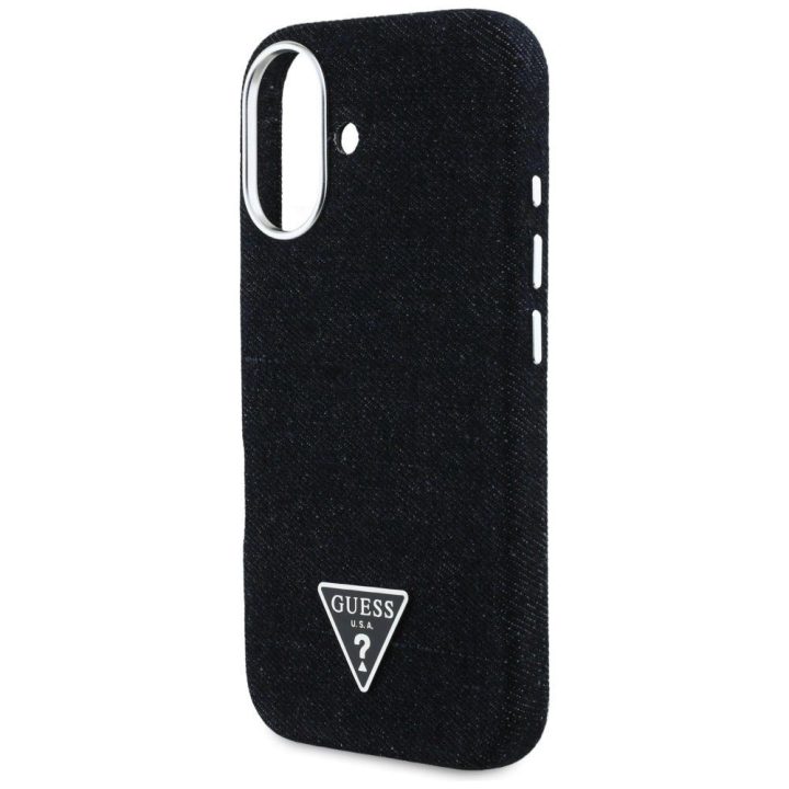 Juodas džinsinis iPhone 16 dėklas su Guess logotipu