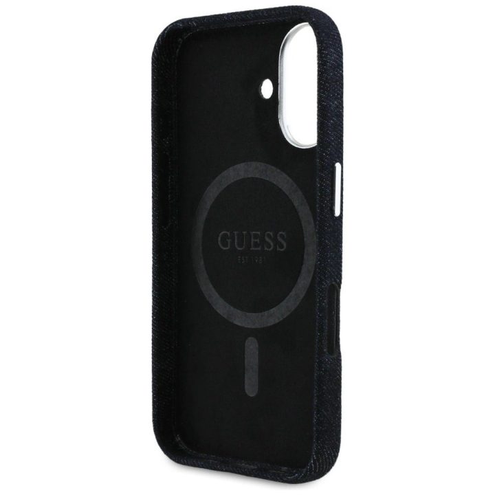 Juodas džinsinis iPhone 16 dėklas su Guess logotipu
