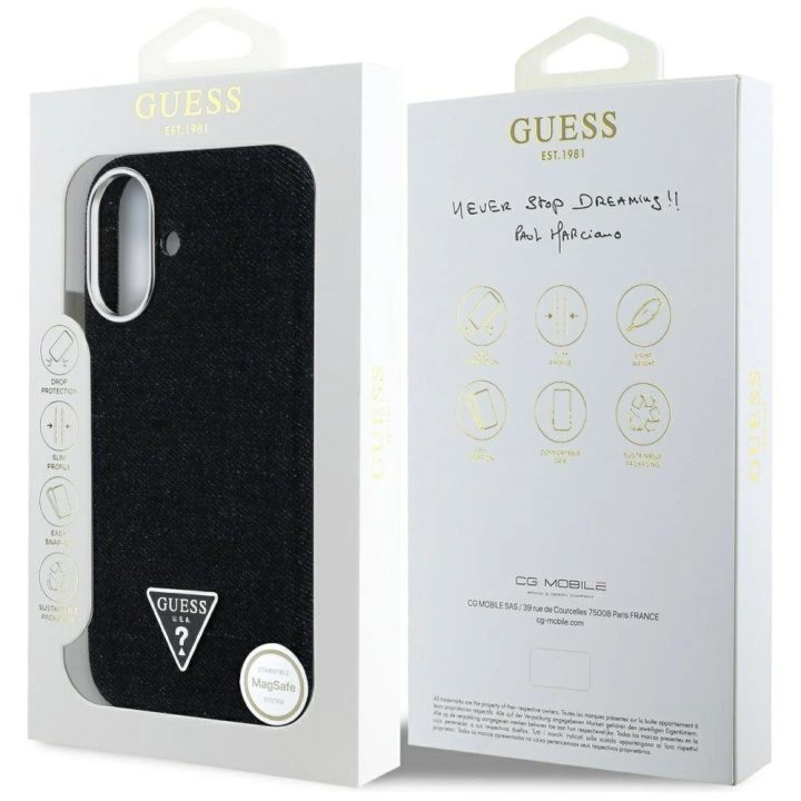 Juodas džinsinis iPhone 16 dėklas su Guess logotipu