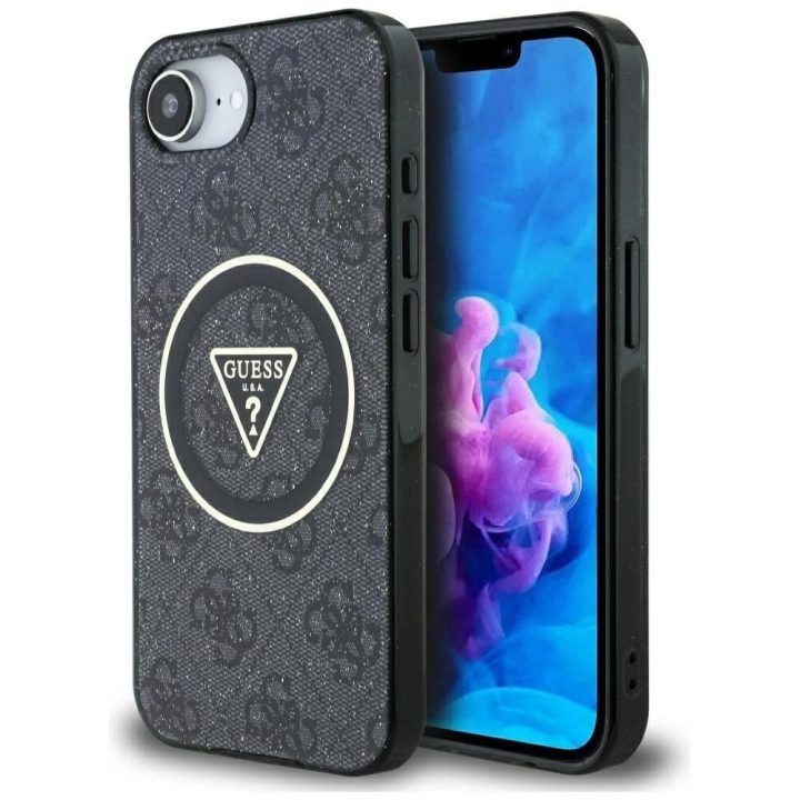 Telefono dėklas iPhone 16e juodas Guess su blizgiu logotipu