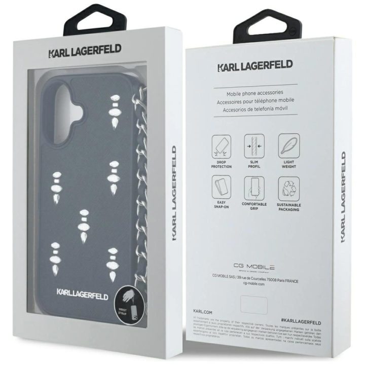 Telefono dėklas iPhone 16 su grandinėle juodas Karl Lagerfeld