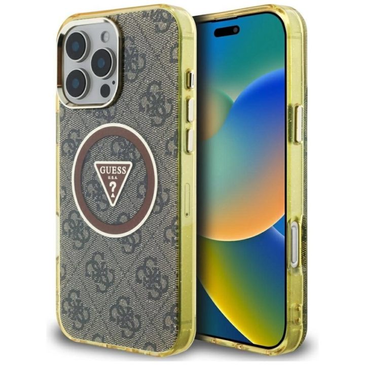 Telefono dėklas iPhone 16 Pro rudas Guess su 4G raštais