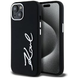 Telefono dėklas iPhone 15 juodas silikoninis Karl Lagerfeld