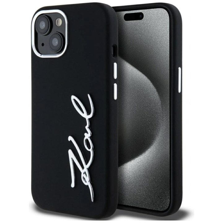 Telefono dėklas iPhone 15 juodas silikoninis Karl Lagerfeld