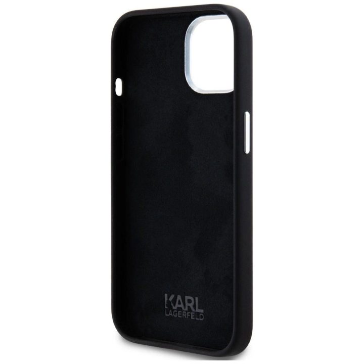 Telefono dėklas iPhone 15 juodas silikoninis Karl Lagerfeld