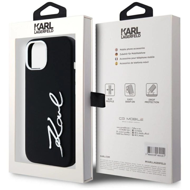 Telefono dėklas iPhone 15 juodas silikoninis Karl Lagerfeld