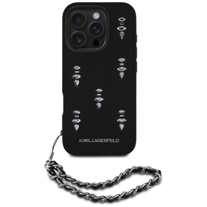 Telefono dėklas iPhone 16 Pro su grandinėle ir kristalais, juodas