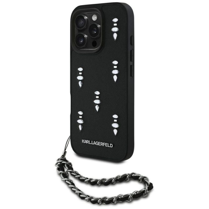 Telefono dėklas iPhone 16 Pro su grandinėle ir kristalais, juodas