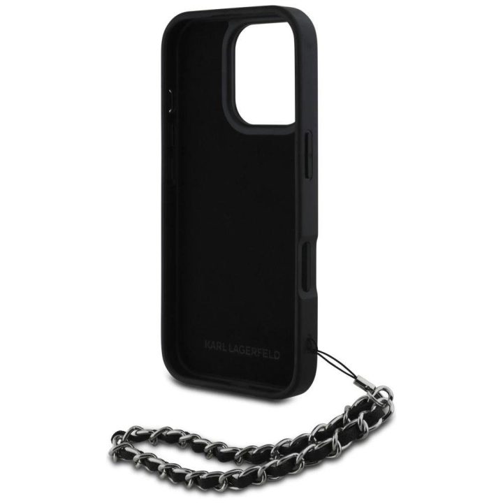 Telefono dėklas iPhone 16 Pro su grandinėle ir kristalais, juodas