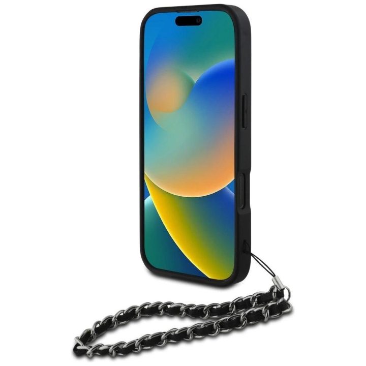 Telefono dėklas iPhone 16 Pro su grandinėle ir kristalais, juodas