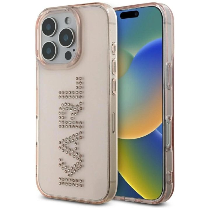Telefono dėklas Karl Lagerfeld rožinis su kristalais iPhone 16 Pro Max