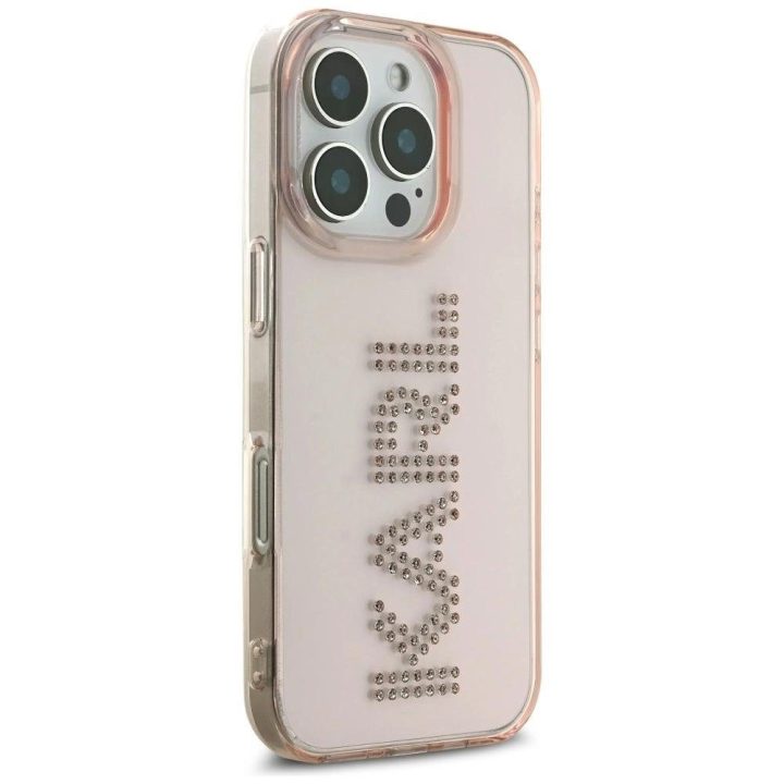 Telefono dėklas Karl Lagerfeld rožinis su kristalais iPhone 16 Pro Max