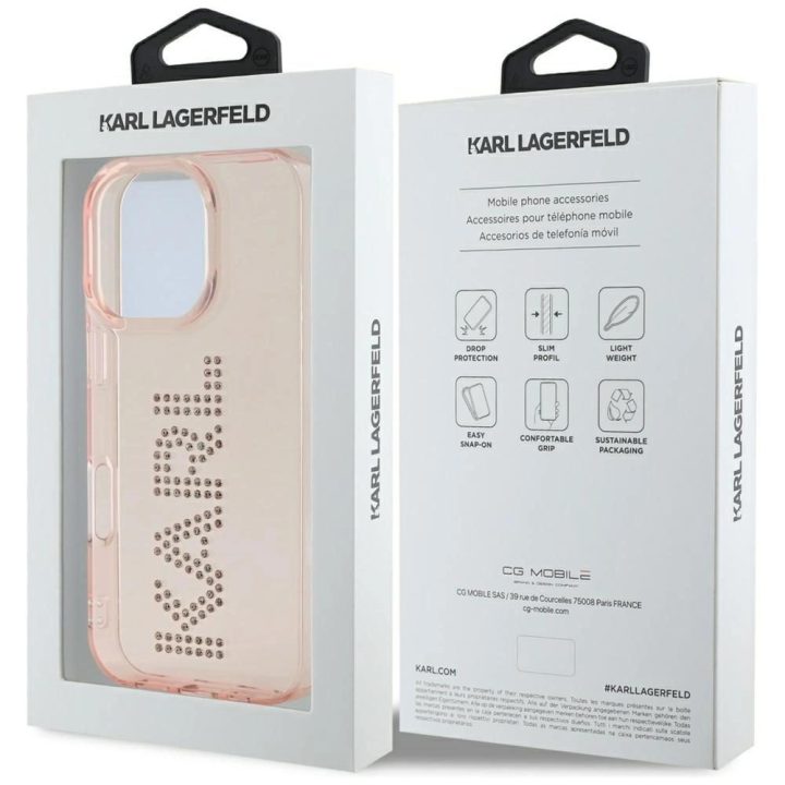 Telefono dėklas Karl Lagerfeld rožinis su kristalais iPhone 16 Pro Max