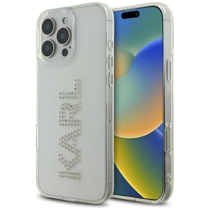 Telefono dėklas Karl Lagerfeld skaidrus su kristalais iPhone 16 Pro