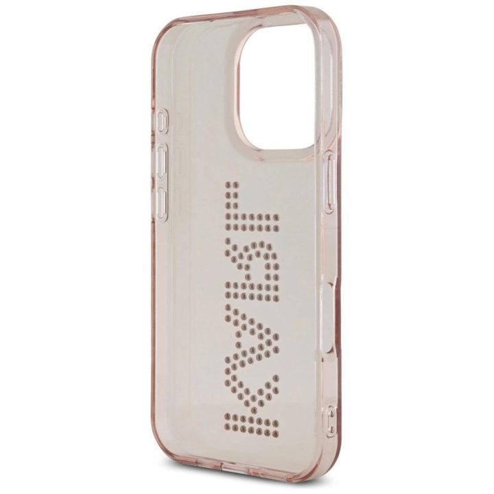 Telefono dėklas iPhone 16 Pro rožinis su Karl Lagerfeld logotipu