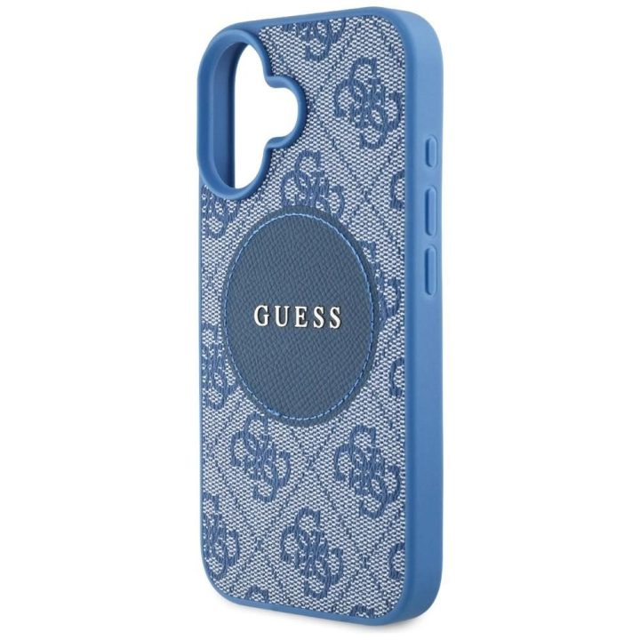 Dėklas iPhone 16, mėlynas, su MagSafe ir Guess 4G logotipu