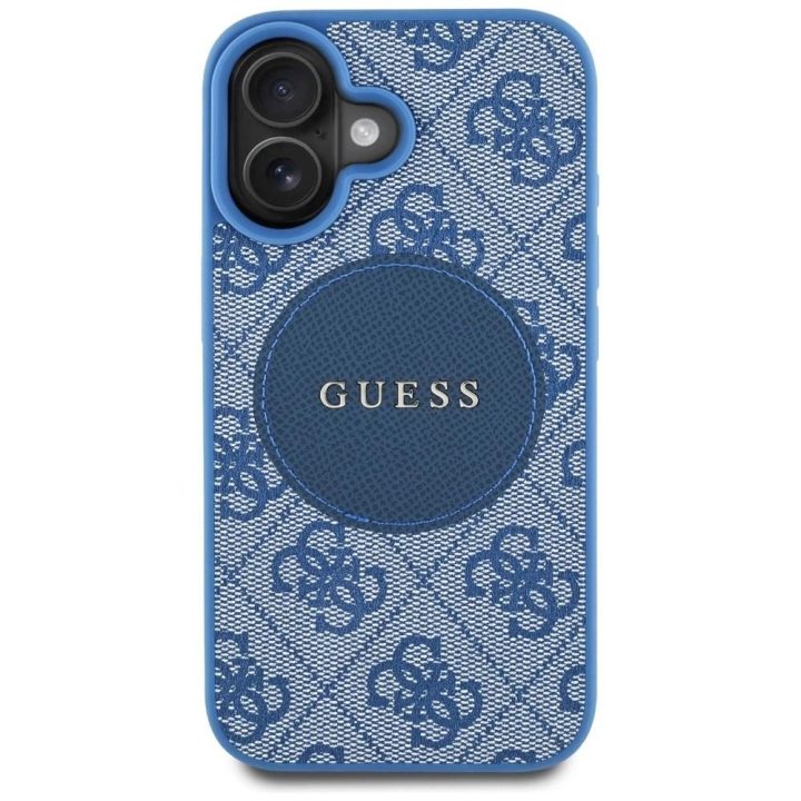 Dėklas iPhone 16, mėlynas, su MagSafe ir Guess 4G logotipu