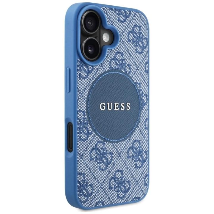 Dėklas iPhone 16, mėlynas, su MagSafe ir Guess 4G logotipu