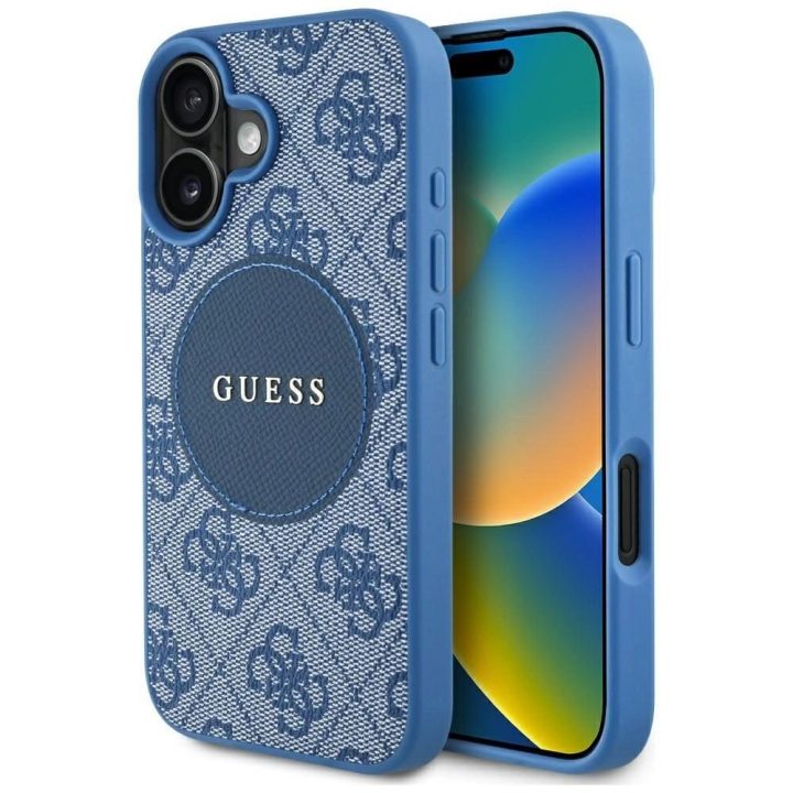 Dėklas iPhone 16, mėlynas, su MagSafe ir Guess 4G logotipu
