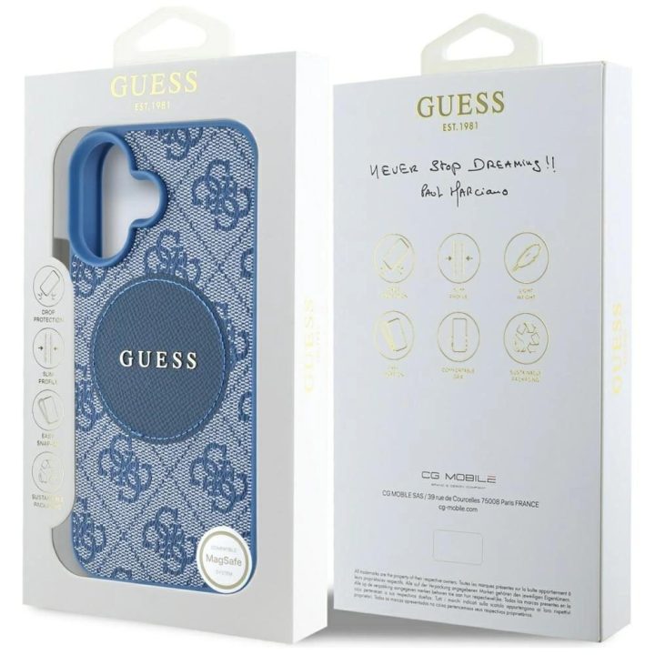 Dėklas iPhone 16, mėlynas, su MagSafe ir Guess 4G logotipu