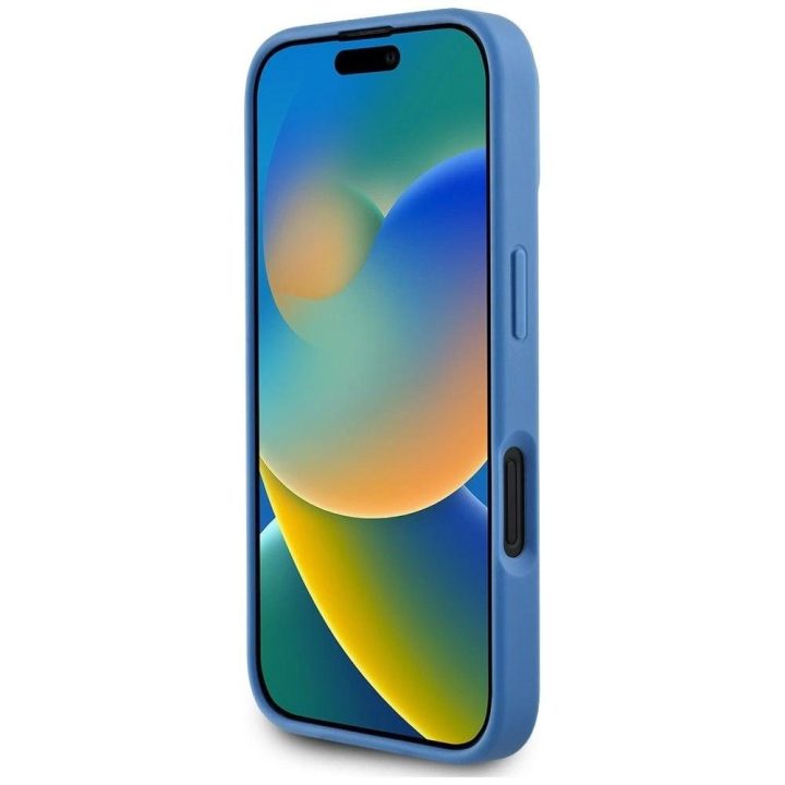 Dėklas iPhone 16, mėlynas, su MagSafe ir Guess 4G logotipu