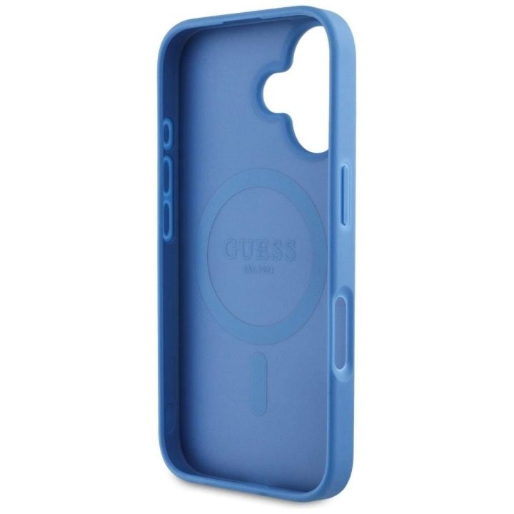 Dėklas iPhone 16, mėlynas, su MagSafe ir Guess 4G logotipu
