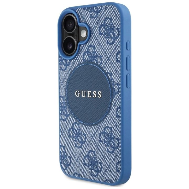 Dėklas iPhone 16, mėlynas, su MagSafe ir Guess 4G logotipu