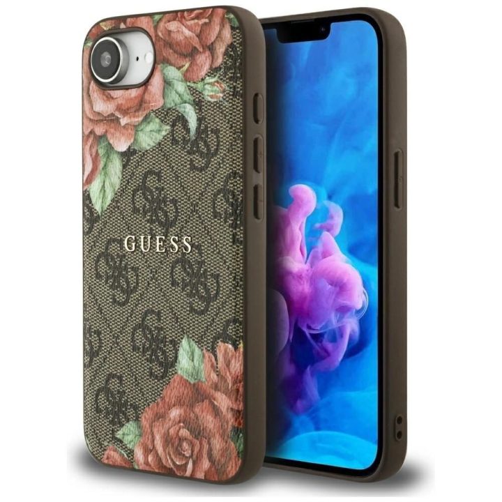 Telefono dėklas iPhone 16e, rudas, su gėlių raštu, MagSafe