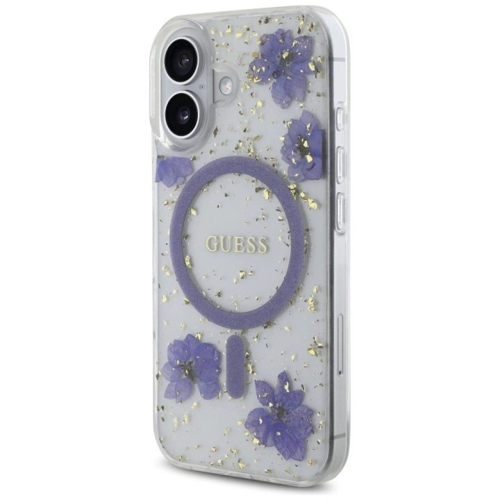 iPhone 16 dėklas su blizgiomis gėlėmis, violetinis
