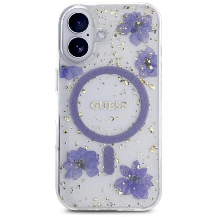 iPhone 16 dėklas su blizgiomis gėlėmis, violetinis