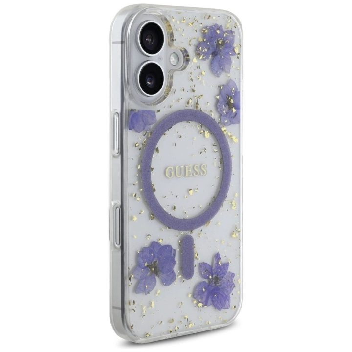 iPhone 16 dėklas su blizgiomis gėlėmis, violetinis