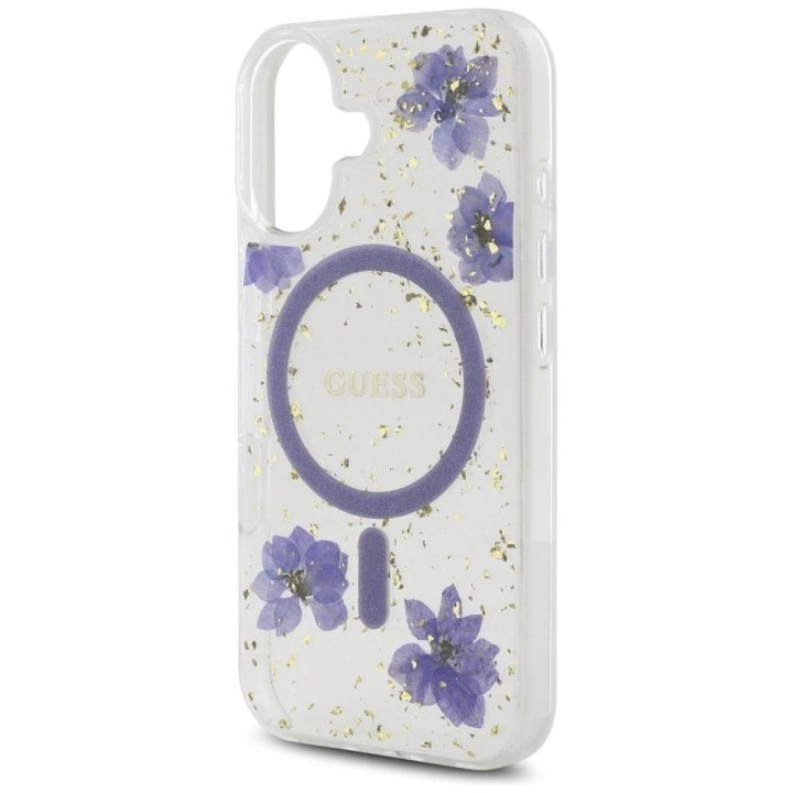iPhone 16 dėklas su blizgiomis gėlėmis, violetinis
