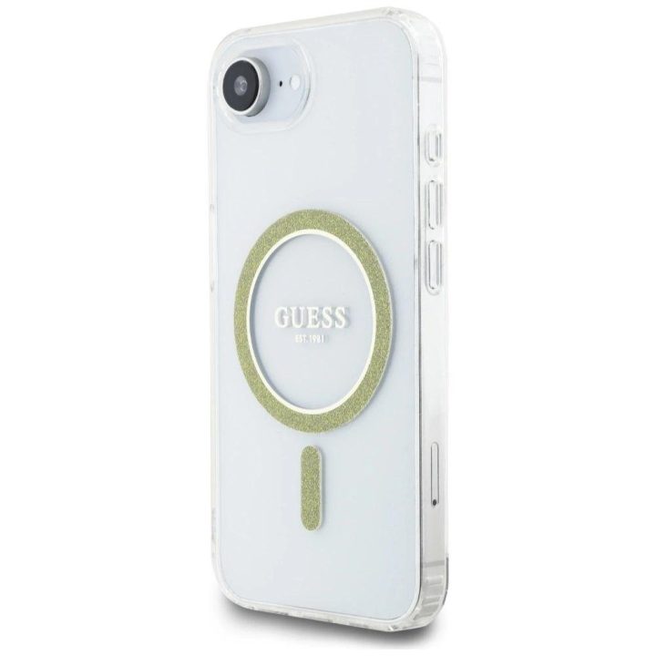 iPhone 16 dėklas Guess skaidrus su blizgučiais MagSafe