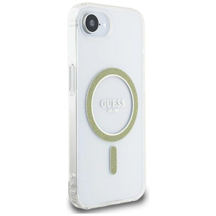 iPhone 16 dėklas Guess skaidrus su blizgučiais MagSafe